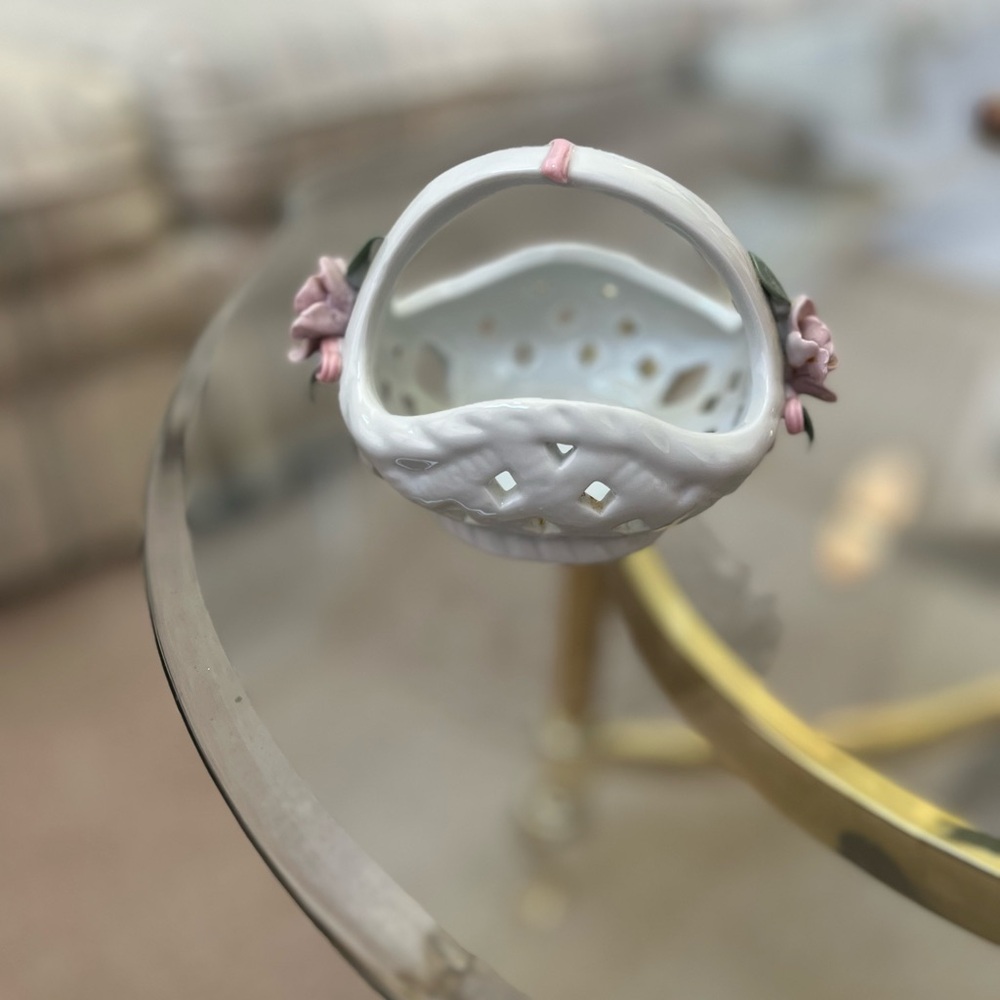 Elegant White and Pink Ceramic Basket/ trinket holder